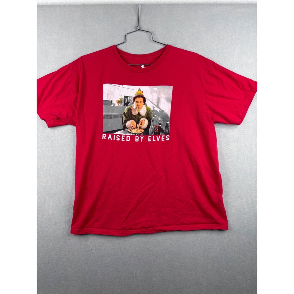 Elf Movie Raised By Elves Graphic T-Shirt Red Buddy The Elf Mens XXL Holiday Tee